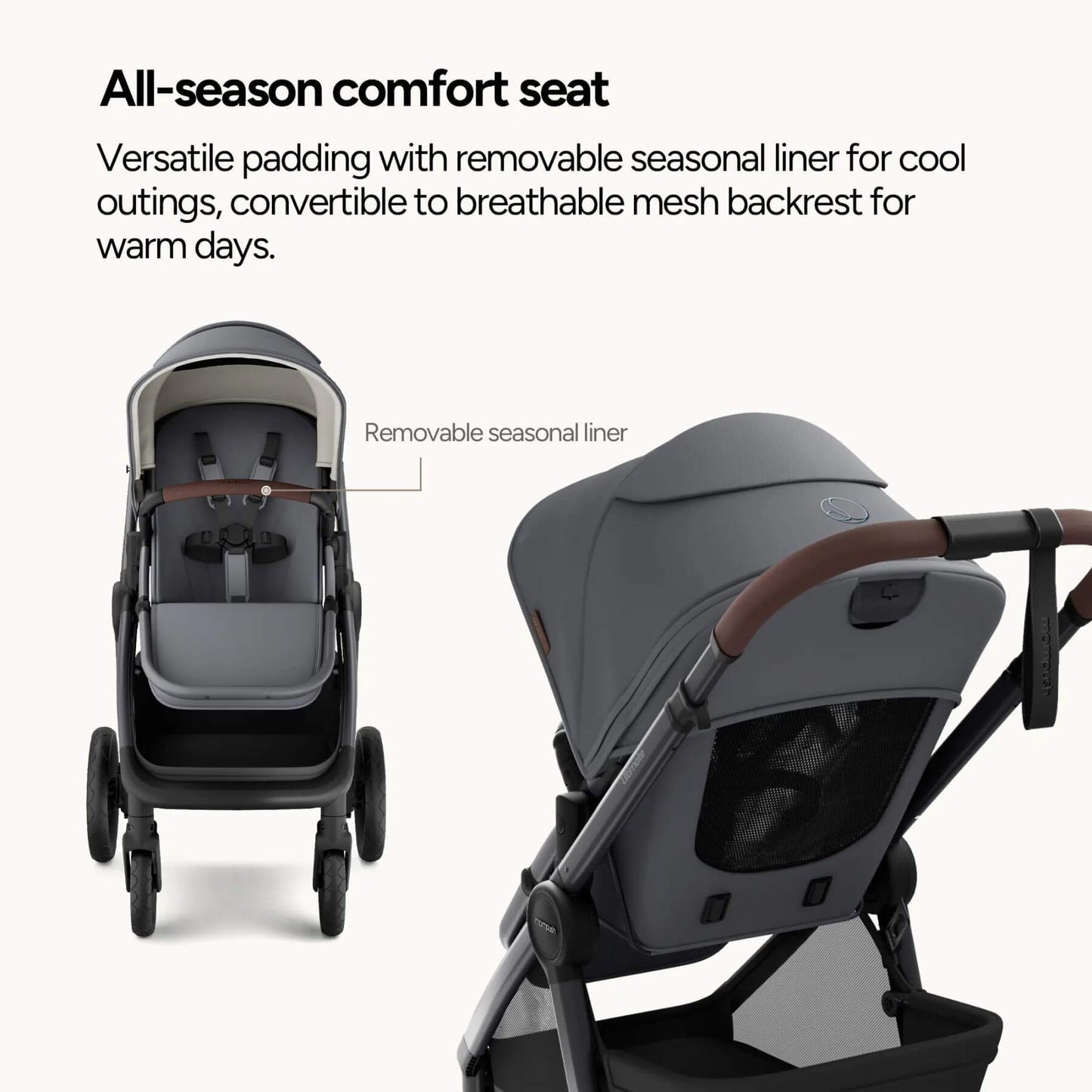 Mompush Ultimate 3 - Titanium with all-season comfort seat and removable seasonal liner feature.