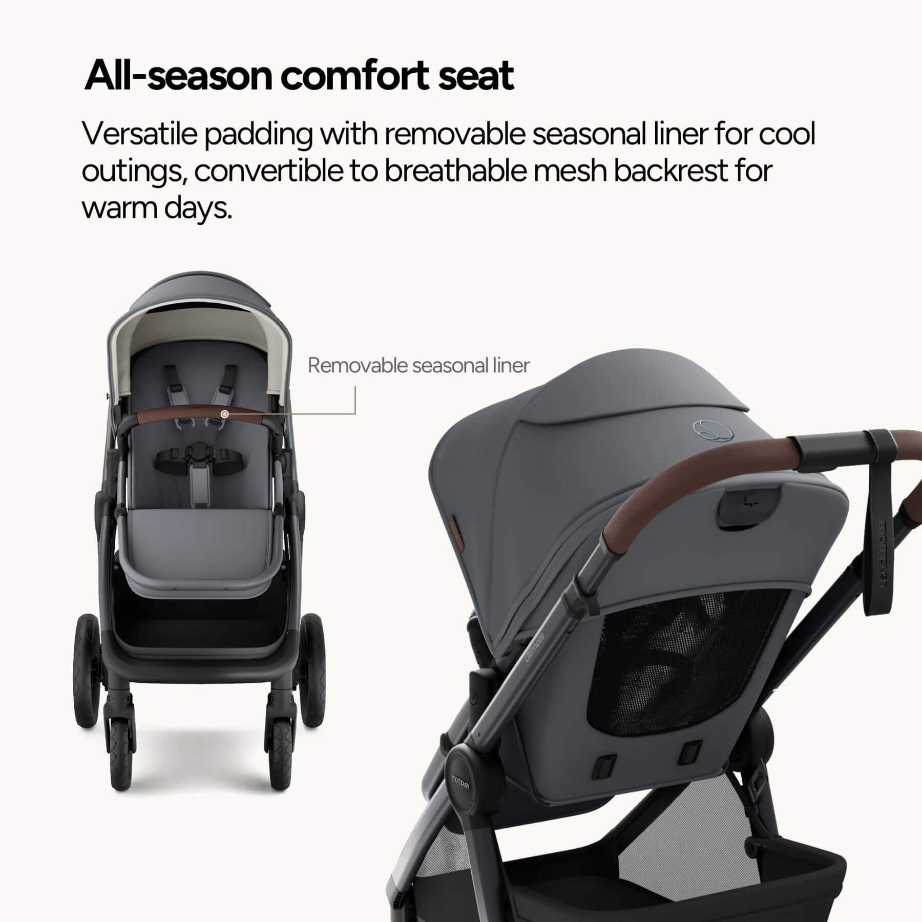 Mompush Ultimate 3 - Titanium with all-season comfort seat and removable seasonal liner feature.