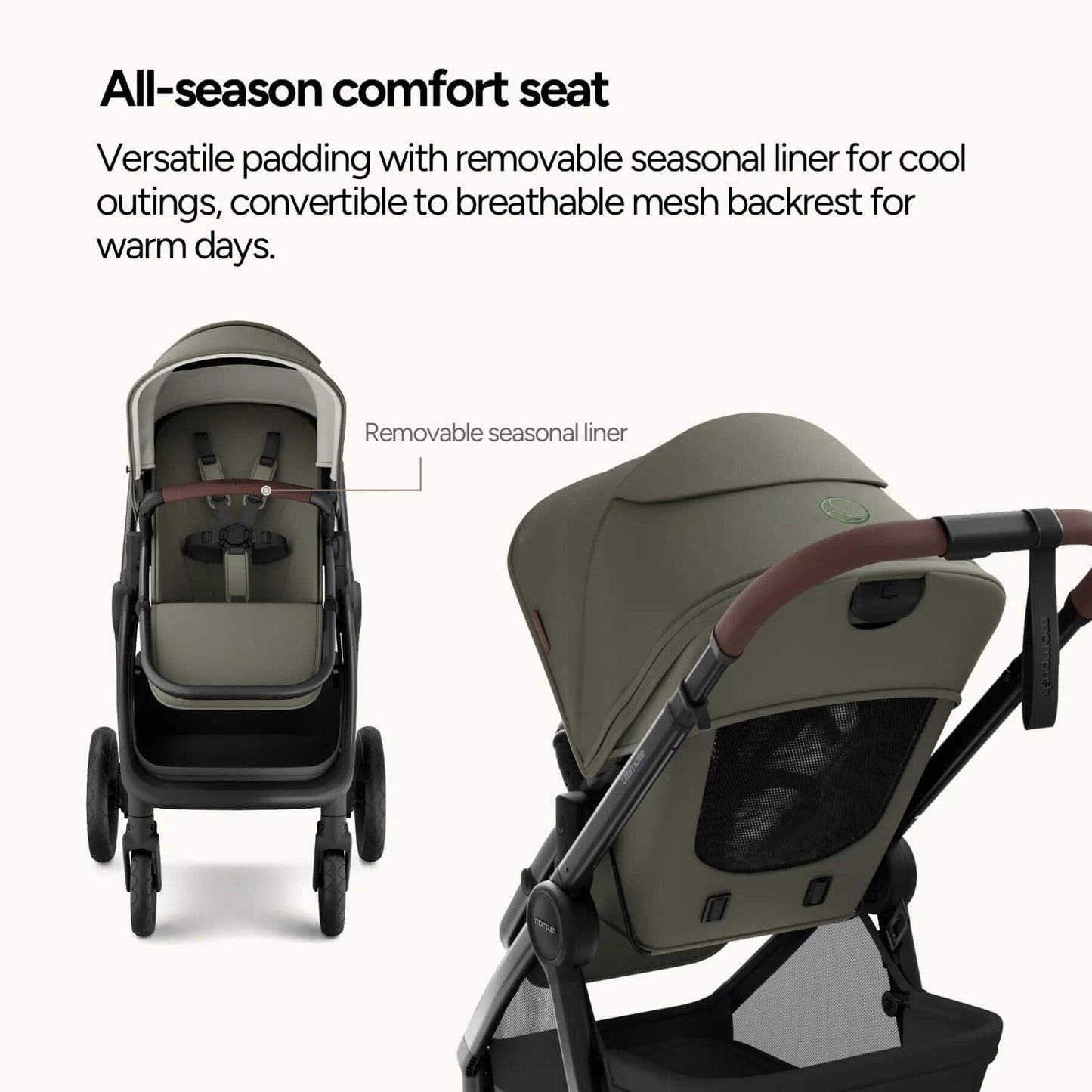 Mompush Ultimate 3 - Forest with all-season comfort seat and removable seasonal liner feature.