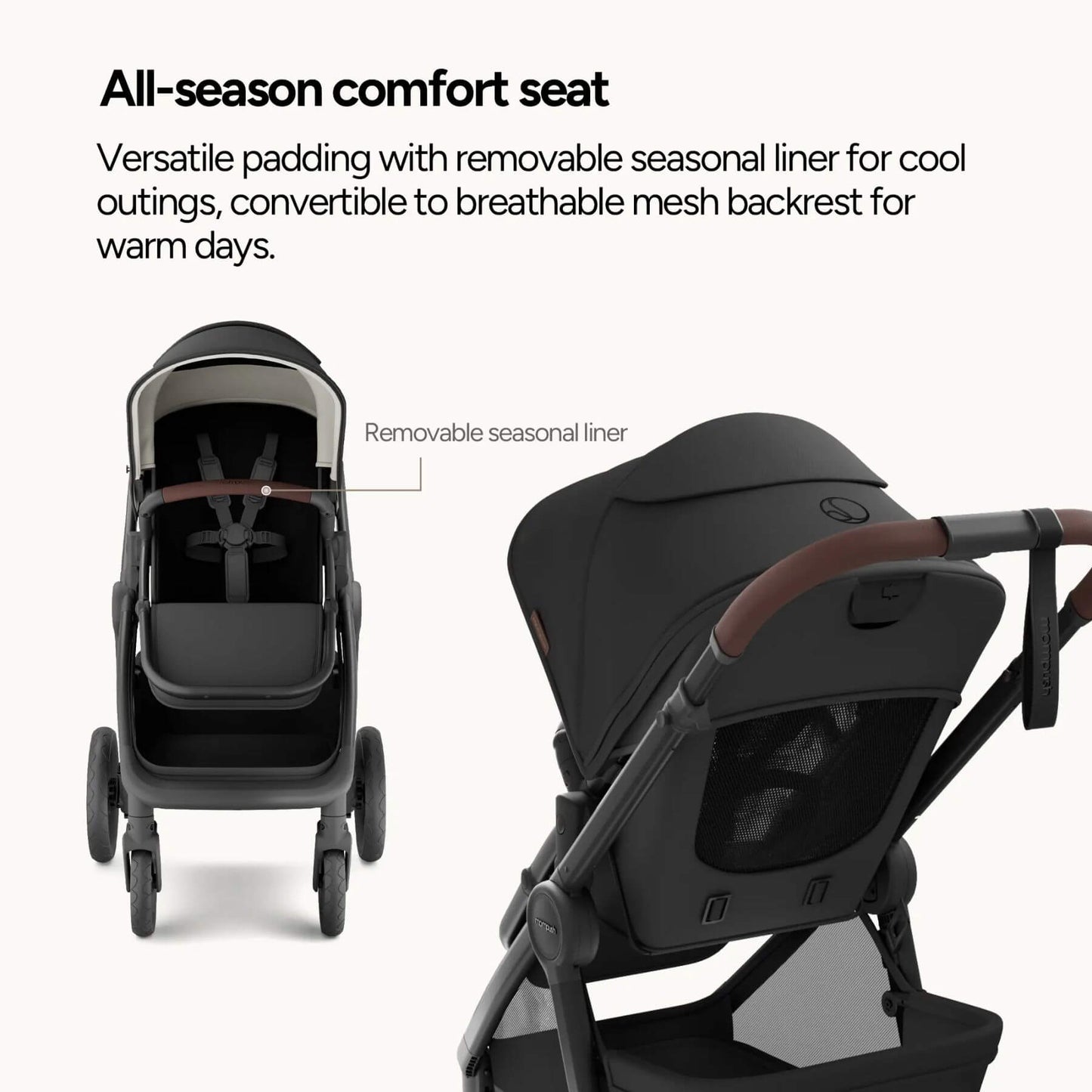 Mompush Ultimate 3 - Midnight with all-season comfort seat and removable seasonal liner feature.
