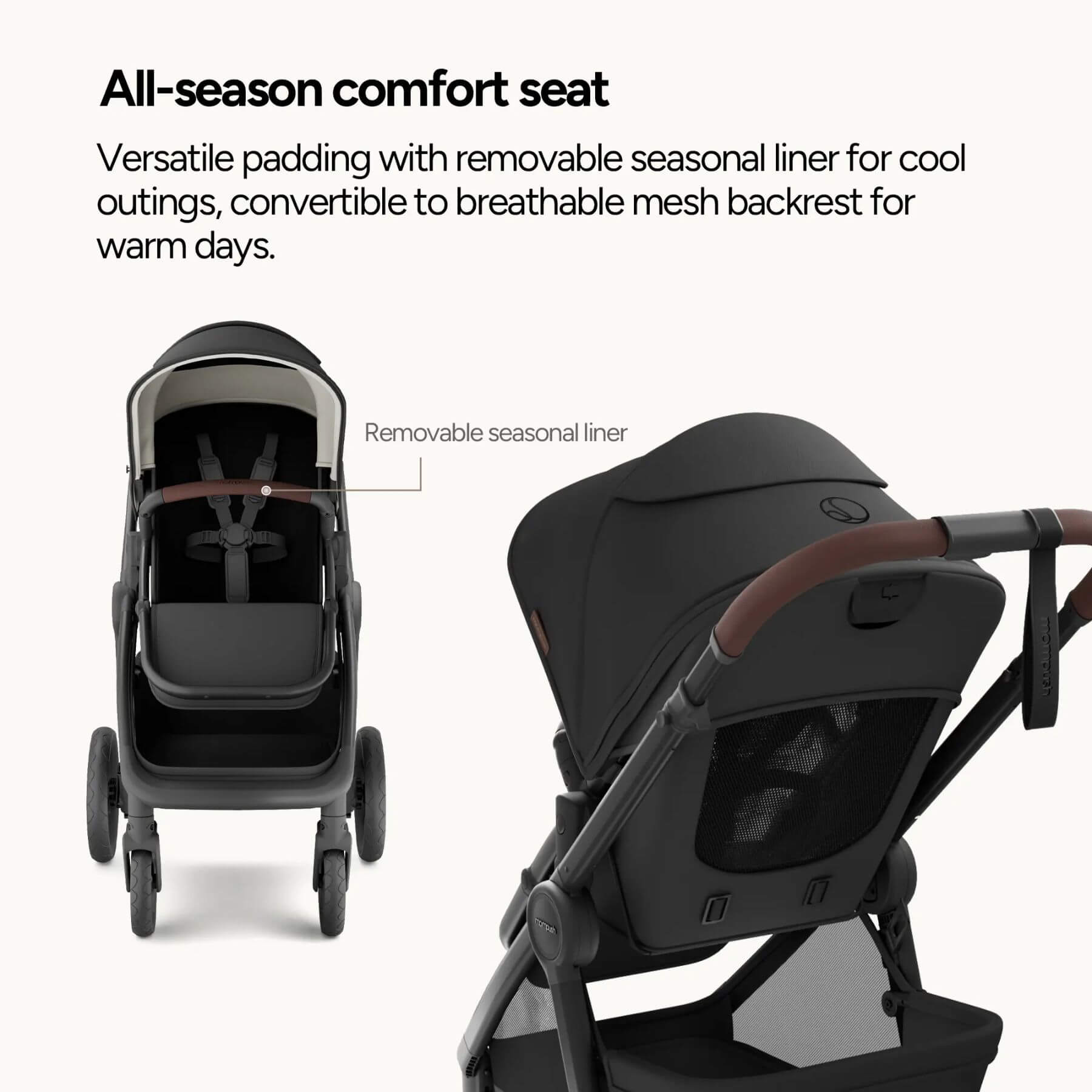 Mompush Ultimate 3 - Midnight with all-season comfort seat and removable seasonal liner feature.