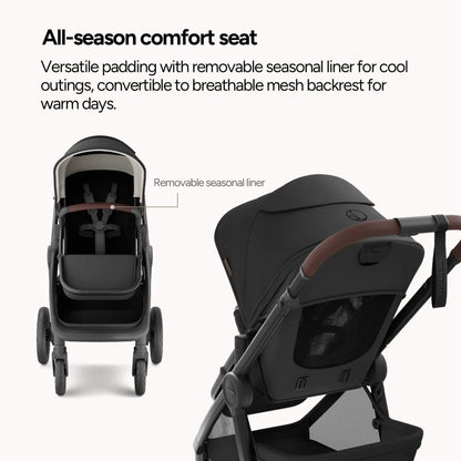 Mompush Ultimate 3 - Midnight with all-season comfort seat and removable seasonal liner feature.