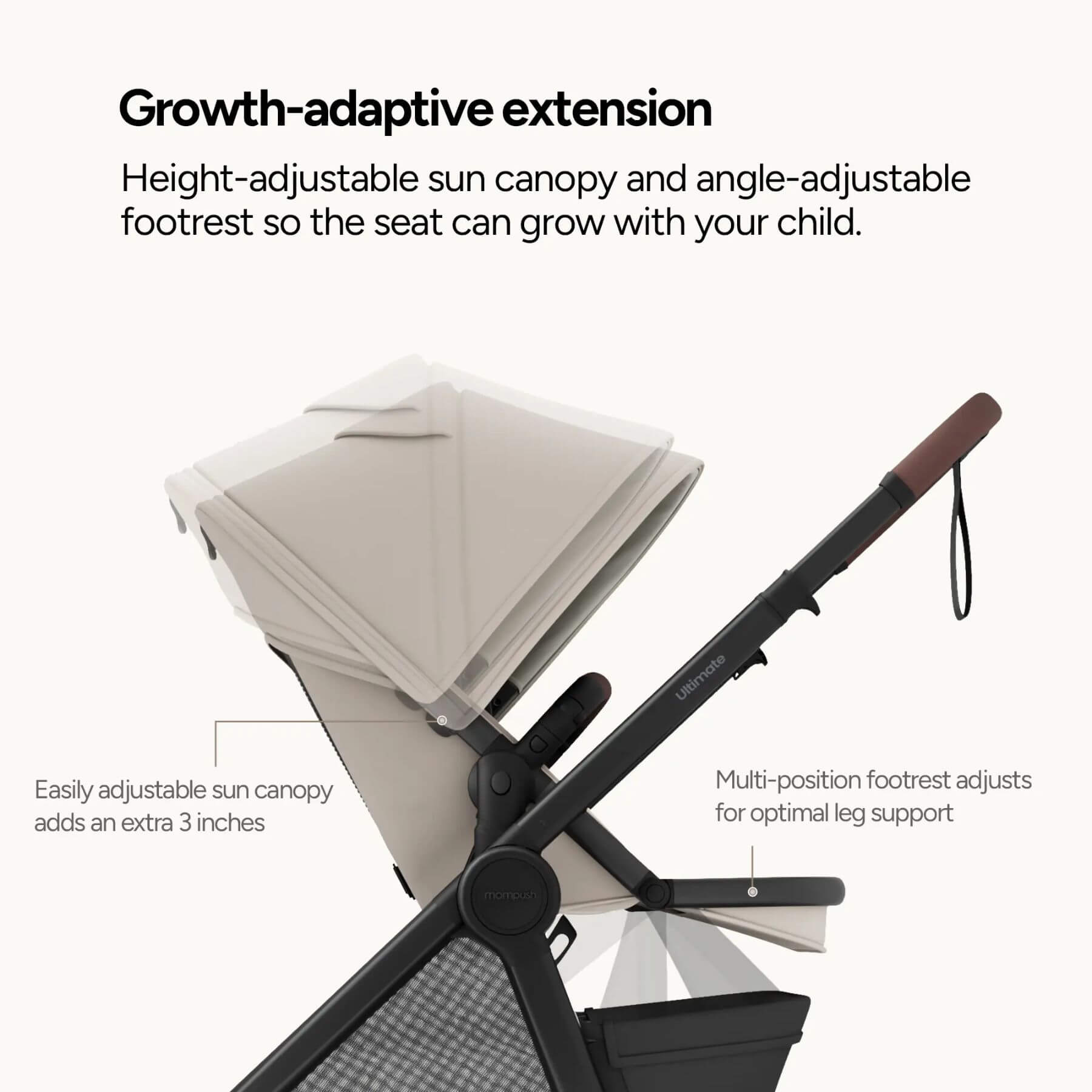 Growth-adaptive extension of a stroller with height-adjustable sun canopy and angle-adjustable footrest.