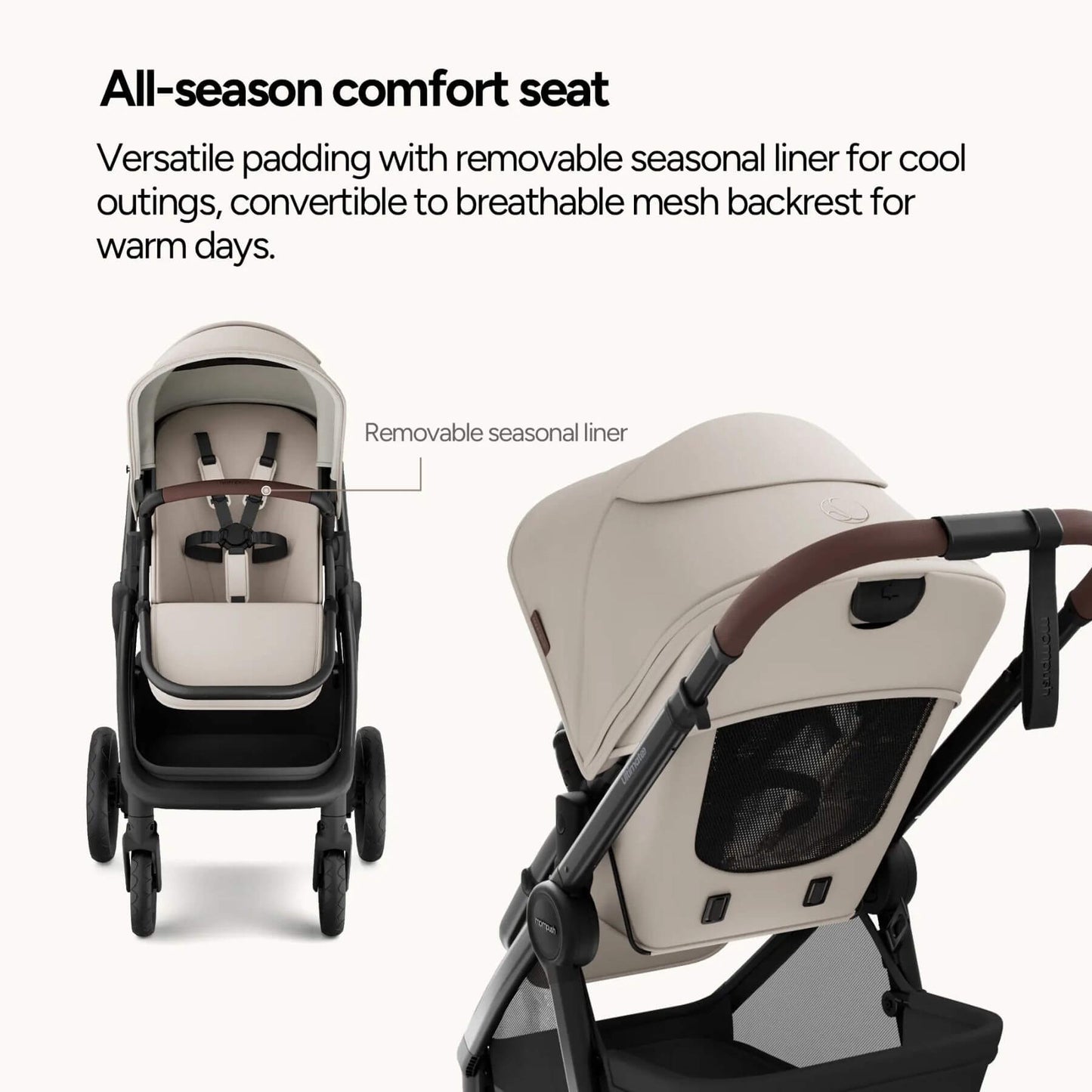 Mompush Ultimate 3 - Sand with all-season comfort seat and removable seasonal liner feature.