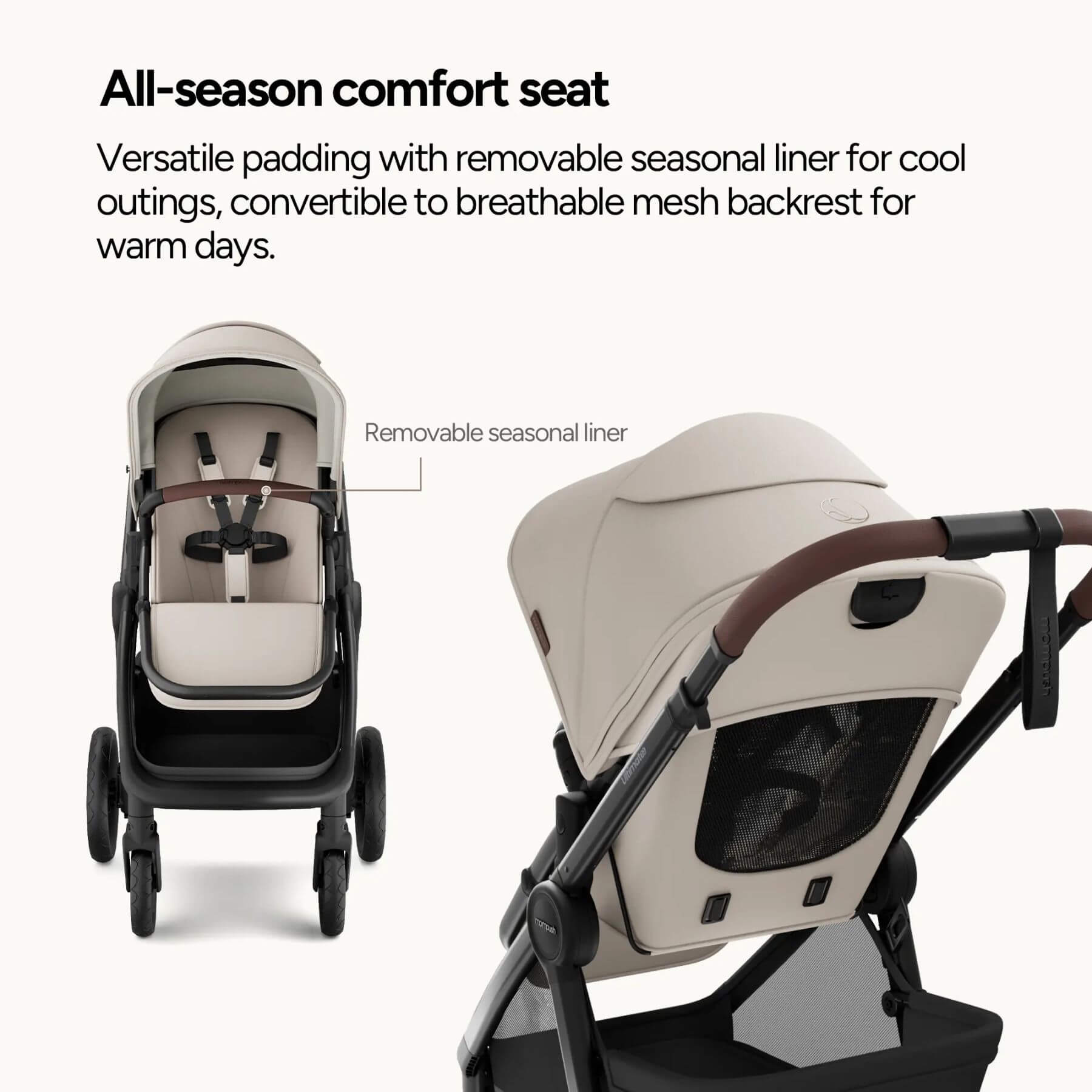 Mompush Ultimate 3 - Sand with all-season comfort seat and removable seasonal liner feature.