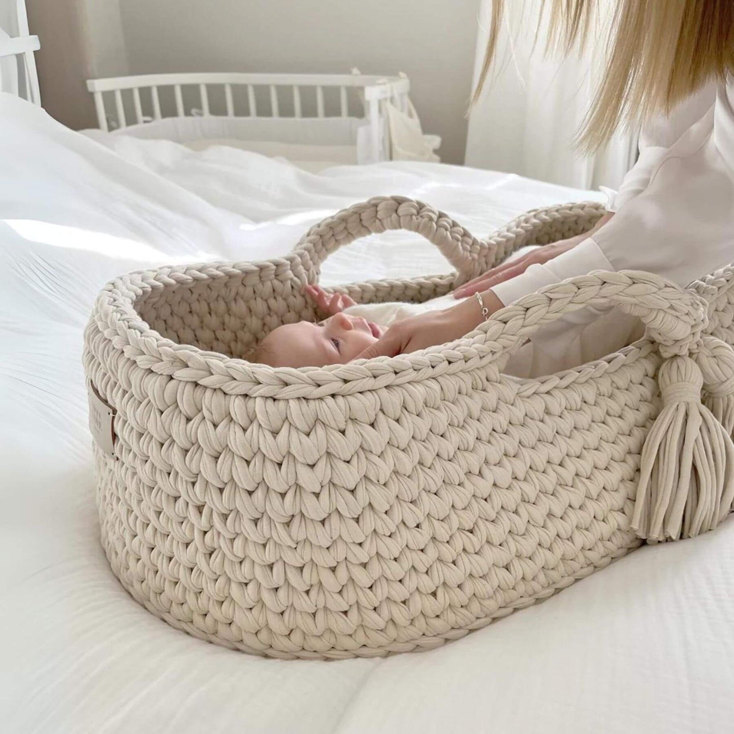 Mom & Baby w/ Unique Love Design Baby Basket Natural Beige