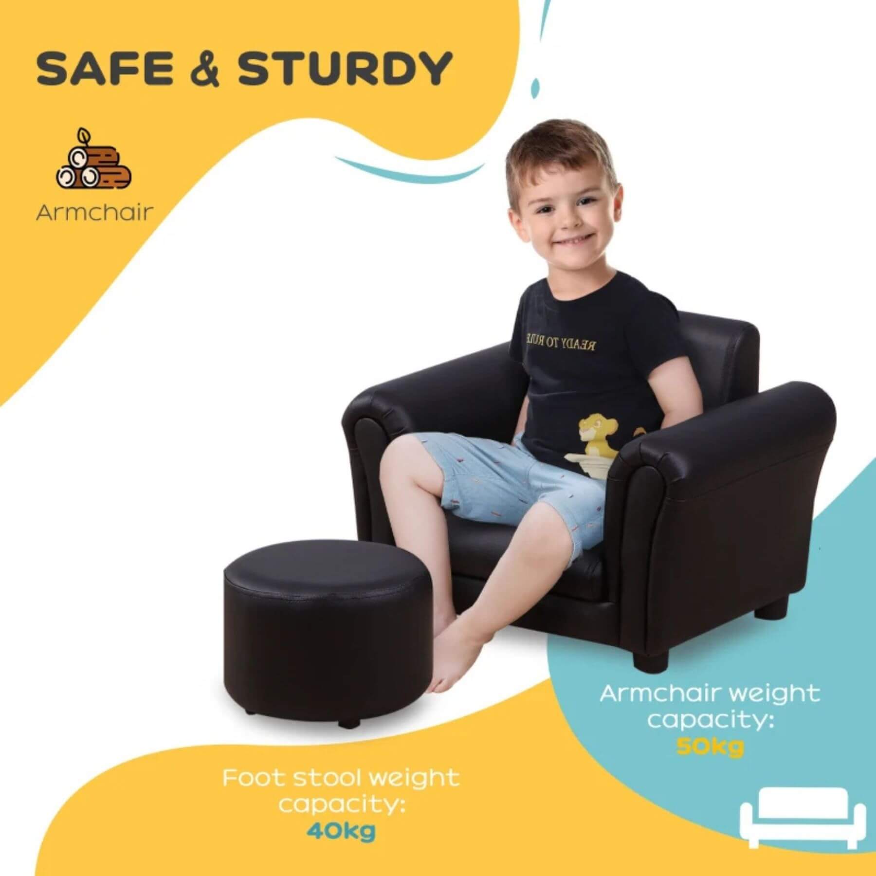 Boy Sitting on Qaba Upholstered Armchair for Kids 18M+ Black