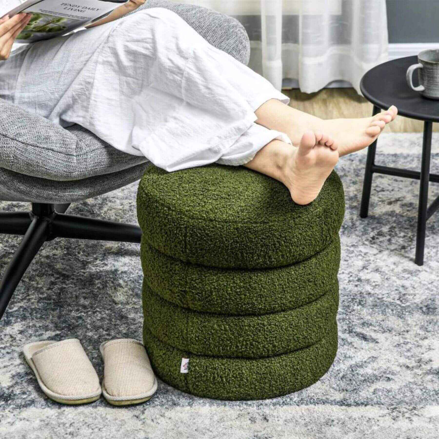 HOMCOM Round Ottoman, Upholstered Foot Stool with Steel Frame, Green