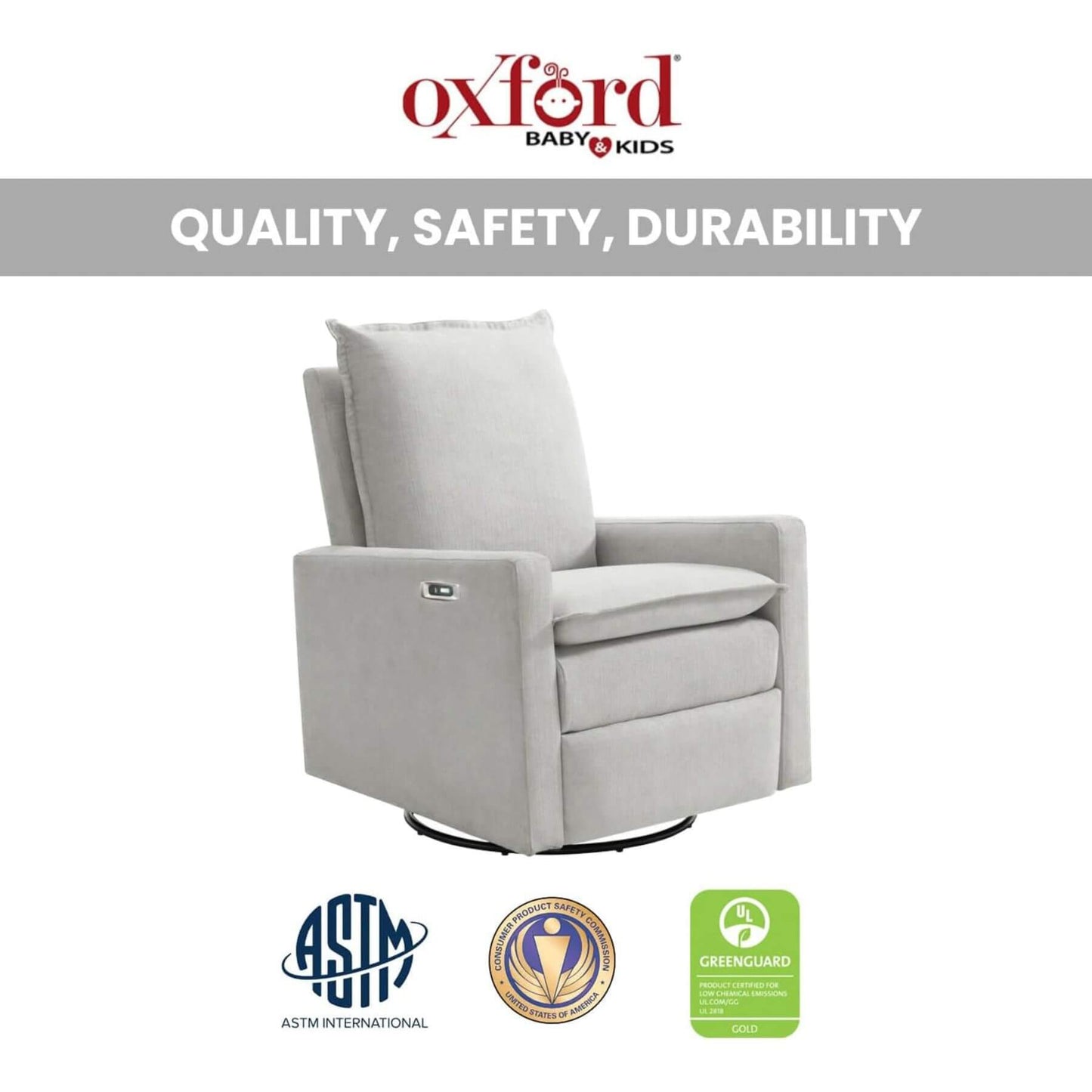 Uptown Power Recliner - Sand with Oxford Baby & Kids branding and certification logos on a white background