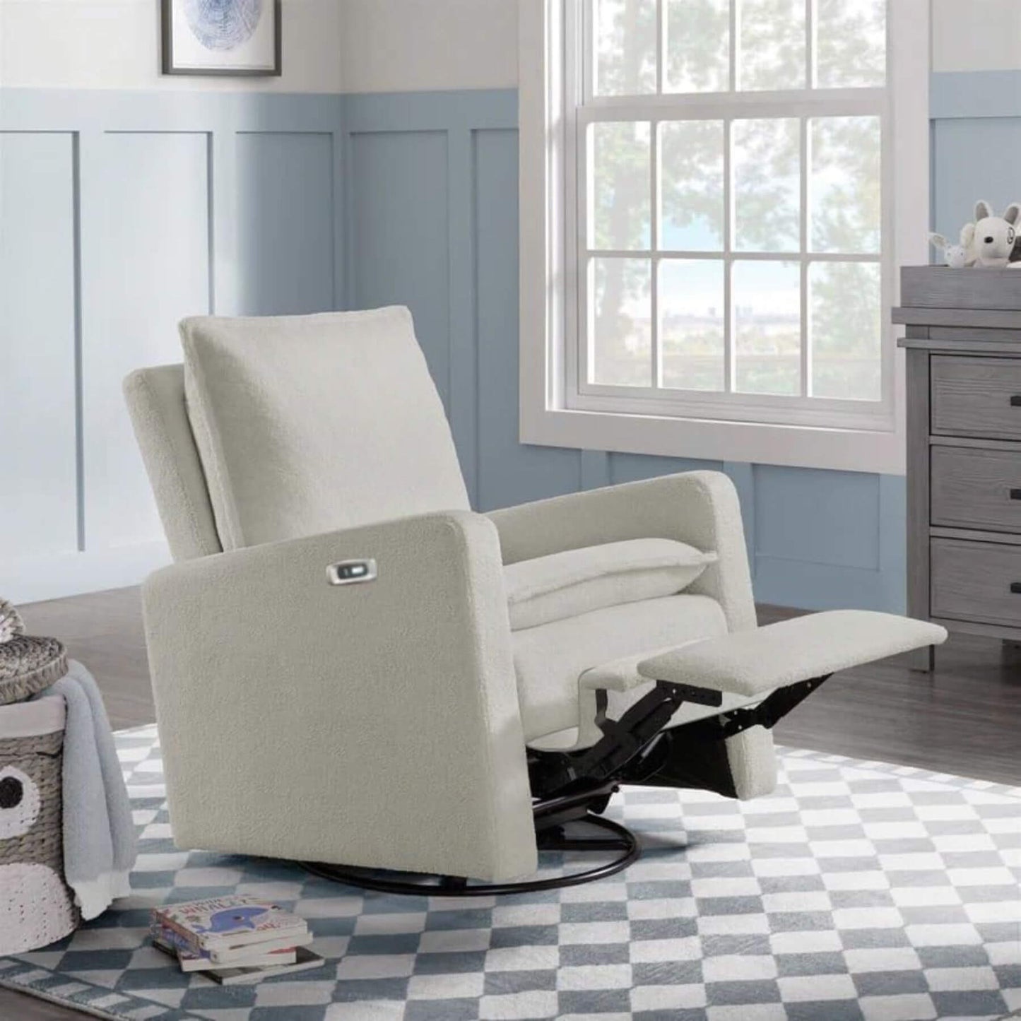 Uptown Power Recliner in a room with a checkered floor and window.