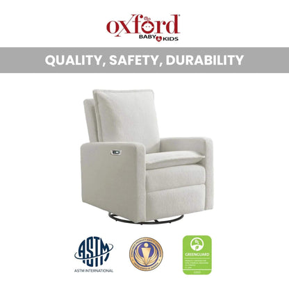 Uptown Power Recliner with Oxford Baby & Kids branding and certification logos on a white background
