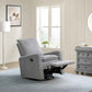 Uptown Nursery Swivel Rocker and Recliner in Corduroy Ash Gray in a living room setting with a lamp, plant, and dresser.