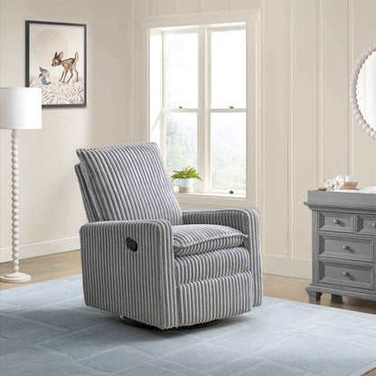 Uptown Nursery Swivel Rocker and Recliner in Corduroy Ash Gray in a living room setting with a lamp, window, and dresser.