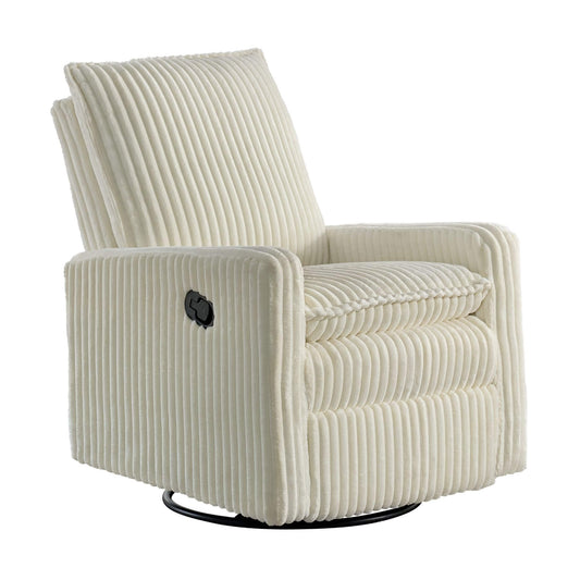 Uptown Nursery Swivel Rocker and Recliner in Corduroy Pearl White on a white background
