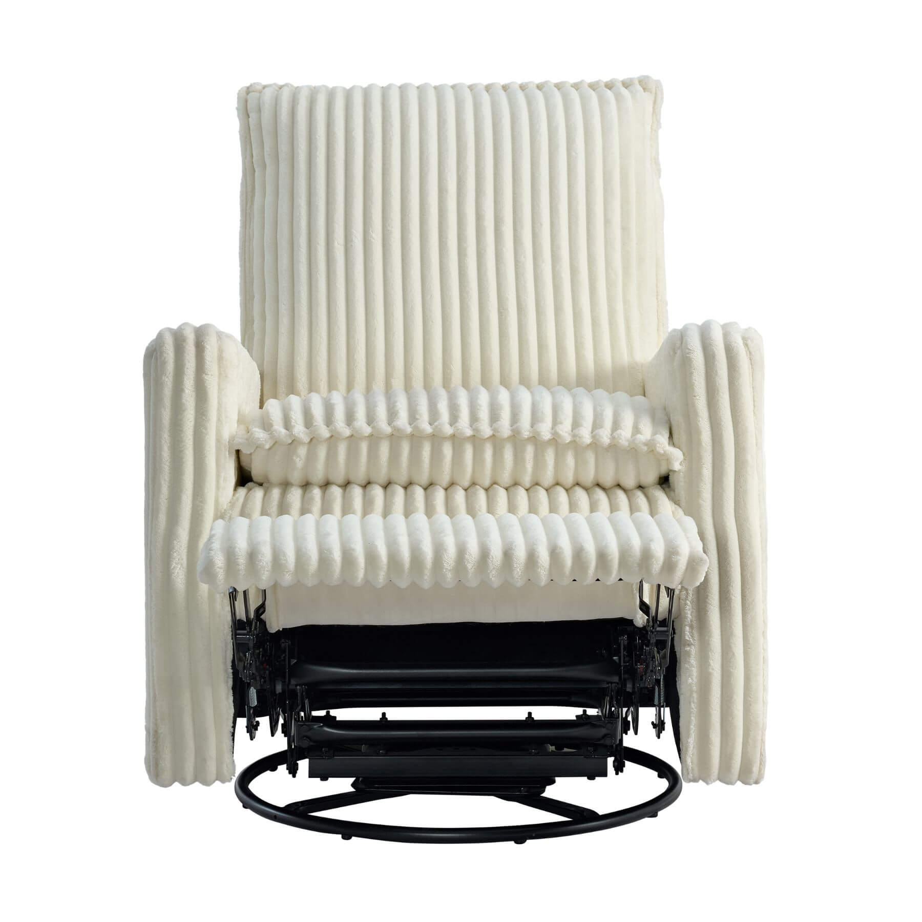 Uptown Nursery Swivel Rocker and Recliner in Corduroy Pearl White on a white background