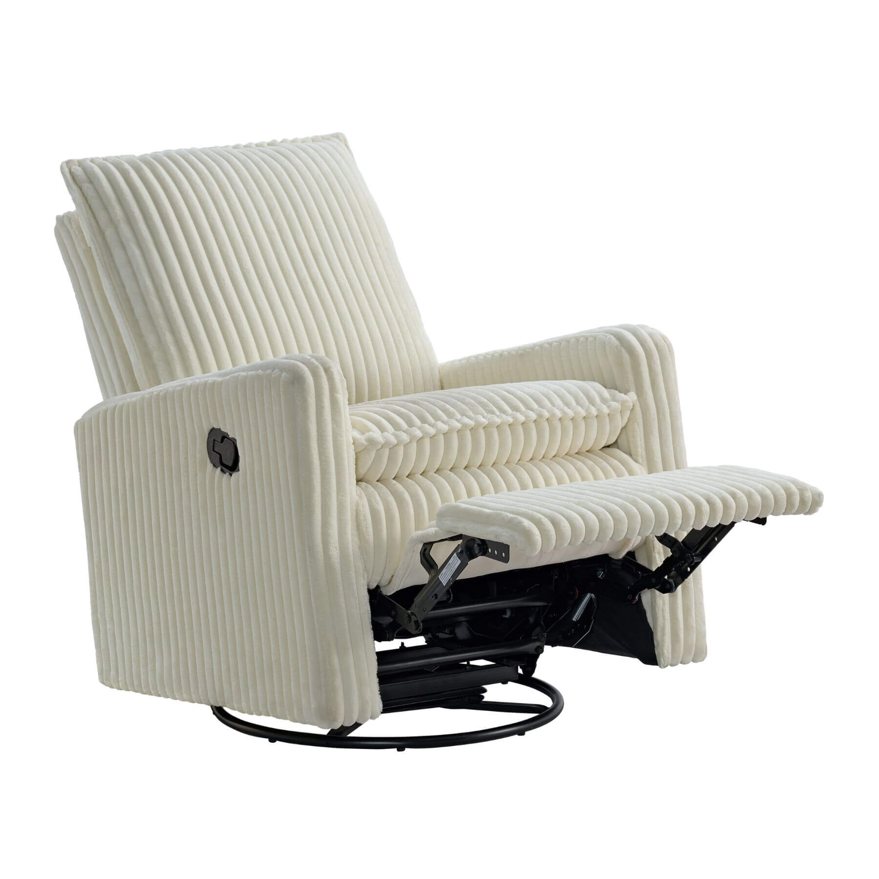 Uptown Nursery Swivel Rocker and Recliner in Corduroy Pearl White on a white background