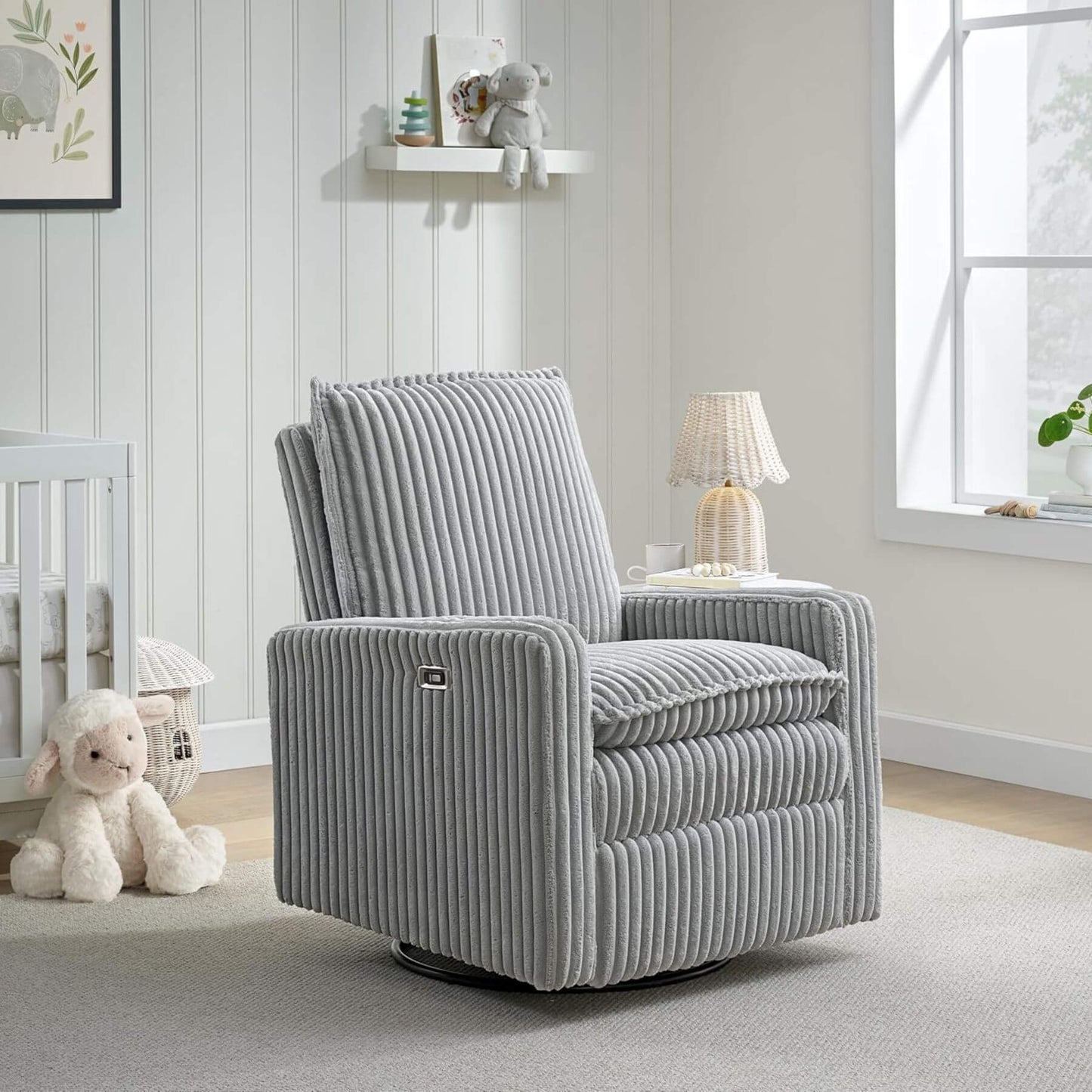 Uptown Power Recliner - Gray in a nursery with toys and decor.