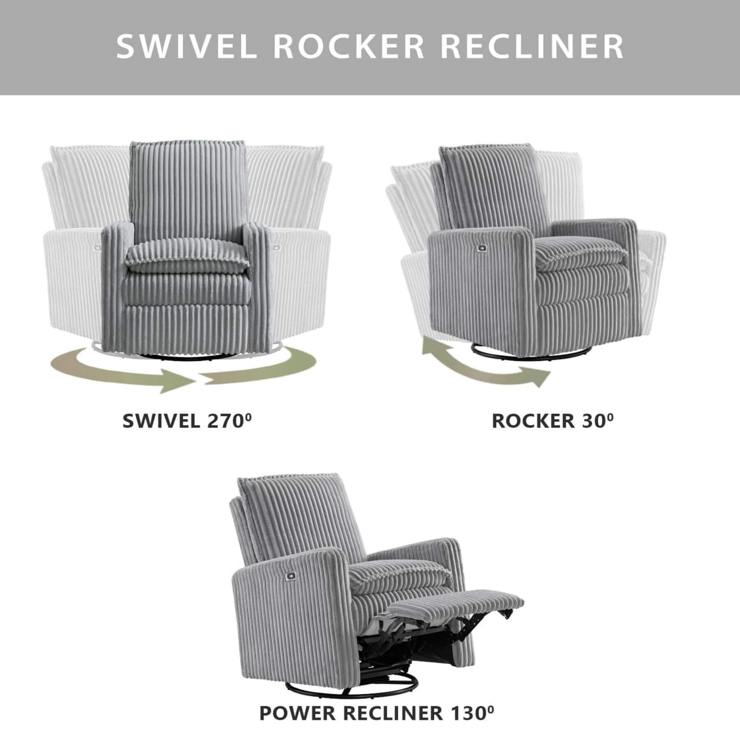 Uptown Power Recliner - Gray with labeled movements on a white background
