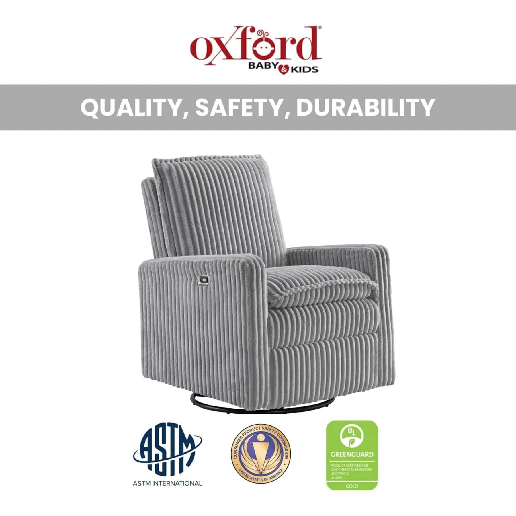 Uptown Power Recliner - Gray with Oxford Baby & Kids branding and certification logos on a white background