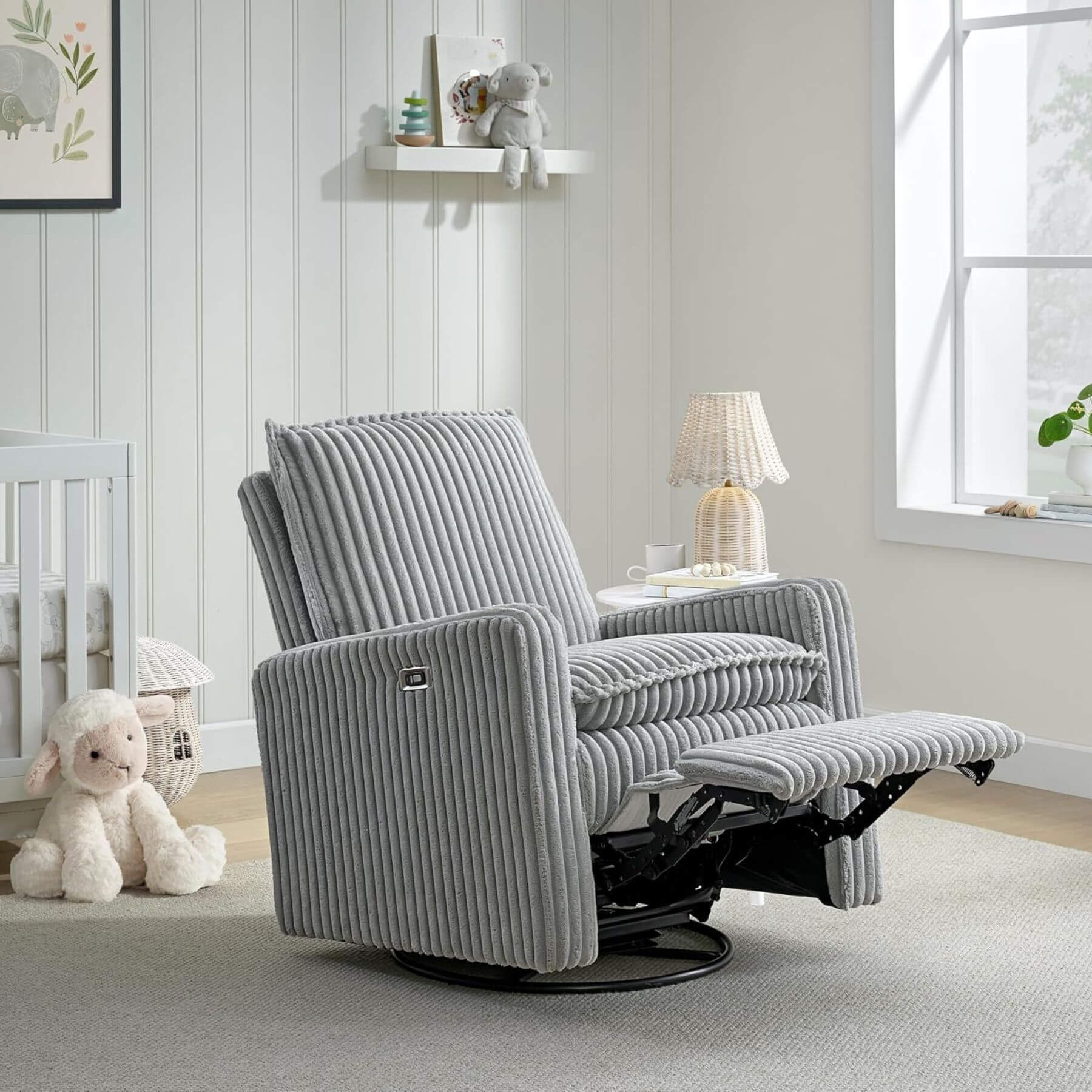 Uptown Power Recliner - Gray in a nursery with toys and decor.