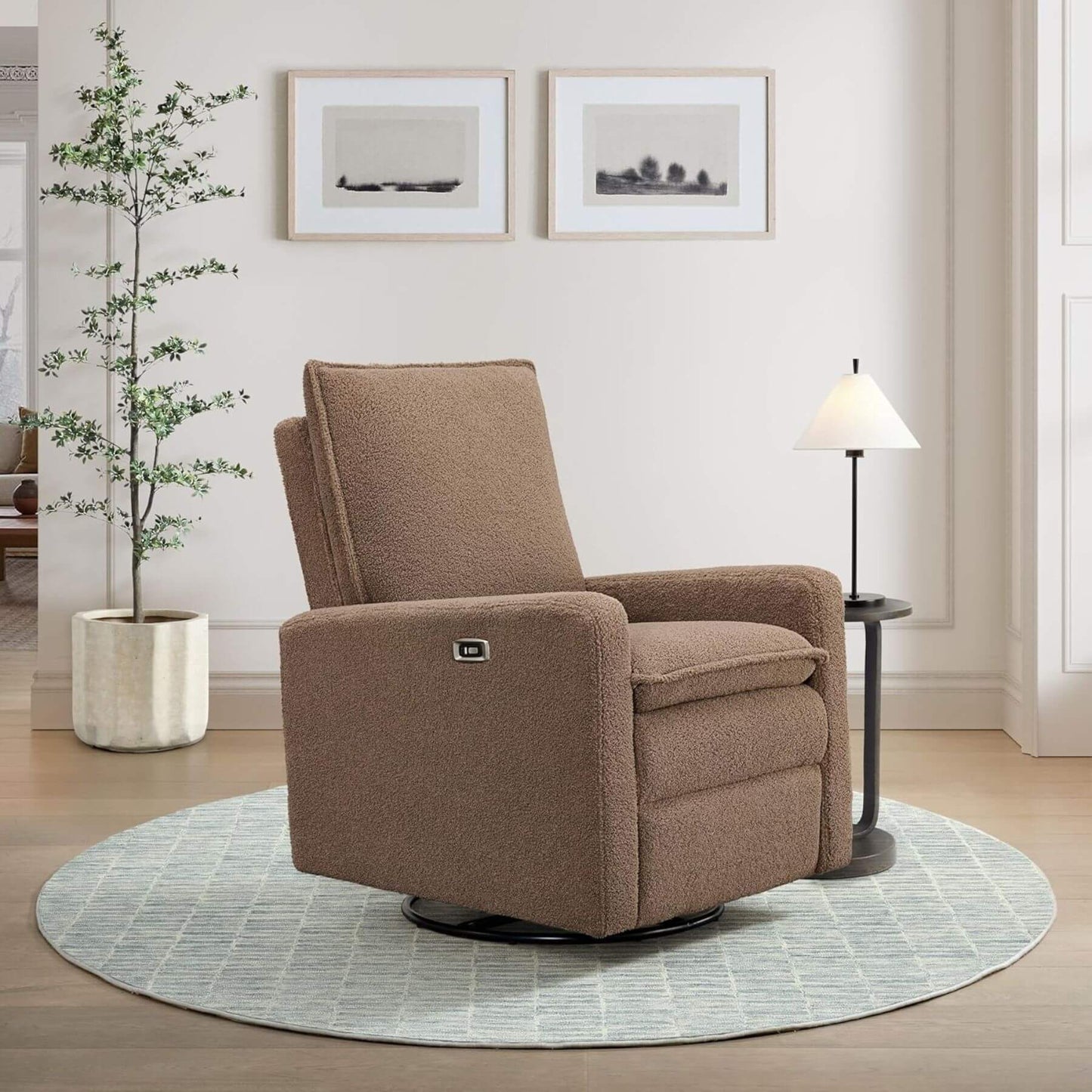 Uptown Power Recliner - Teddy Brown in a living room setting with a plant and lamp.