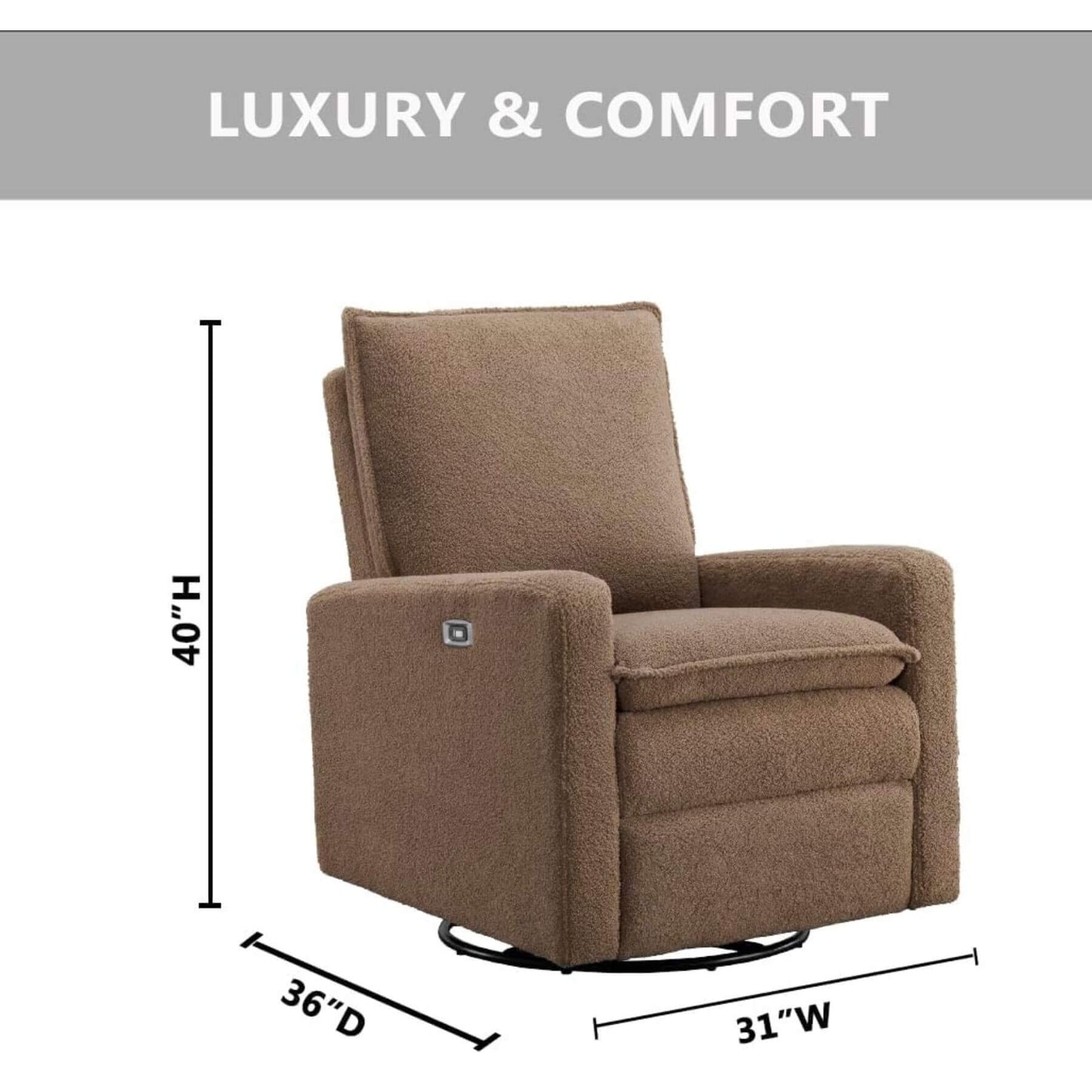 Uptown Power Recliner - Teddy Brown with dimensions on a white background