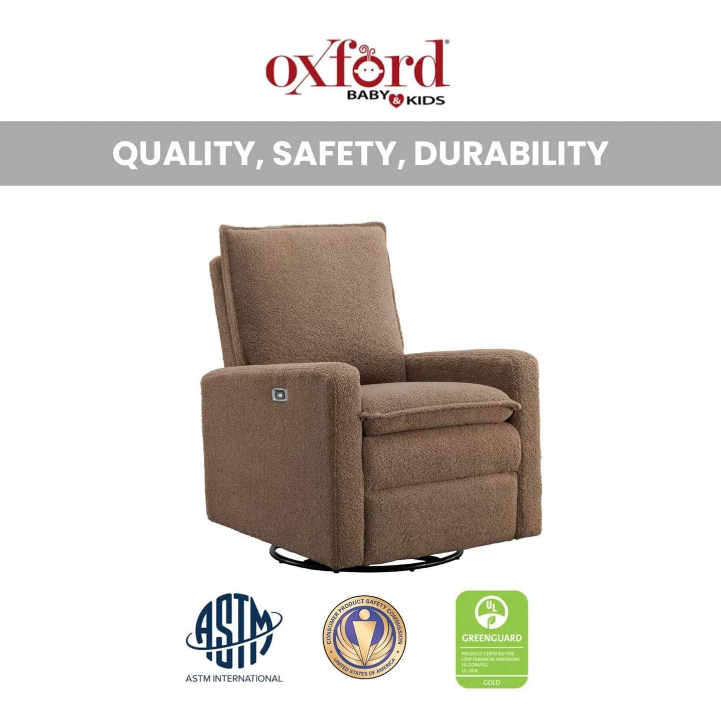 Uptown Power Recliner - Teddy Brown with Oxford Baby & Kids branding and quality, safety, durability text on a white background.