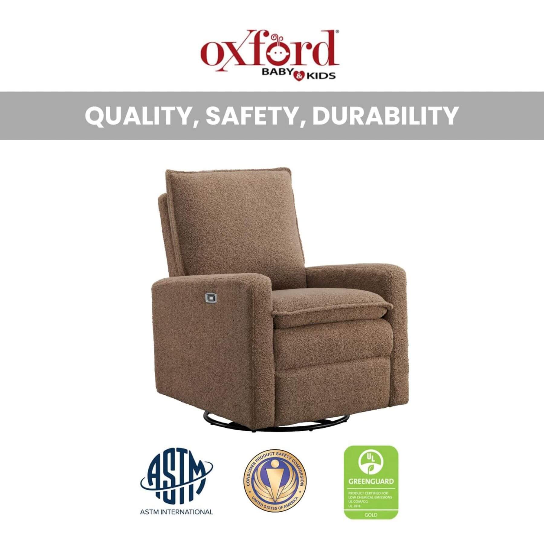 Uptown Power Recliner - Teddy Brown with Oxford Baby & Kids branding and quality, safety, durability text on a white background.