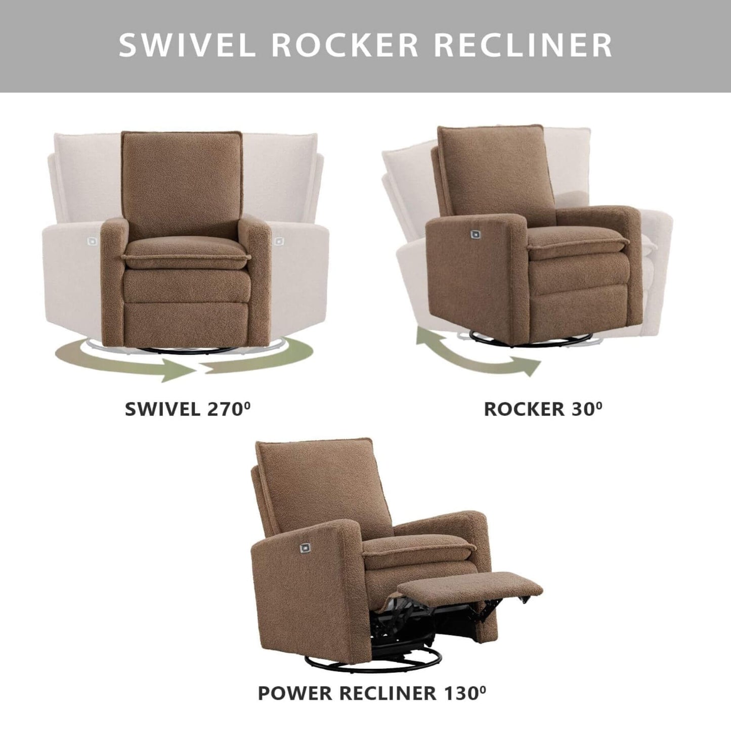 Uptown Power Recliner - Teddy Brown with labeled movements on a white background