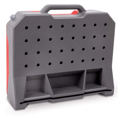 Gray tool case with red accents on a white background