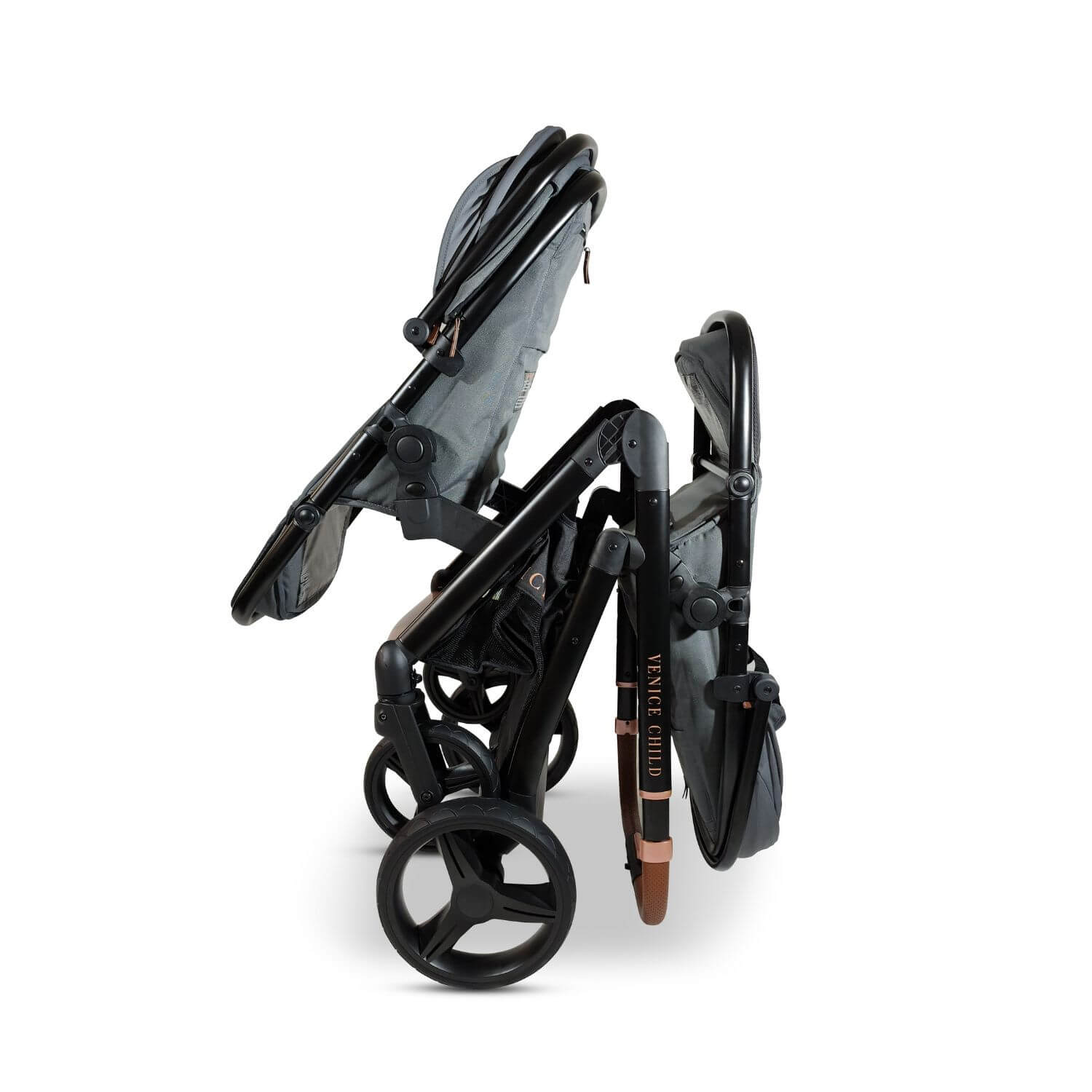Venice Child Ventura Single to Double Stroller & 2nd Toddler Seat | Shadow - Folded
