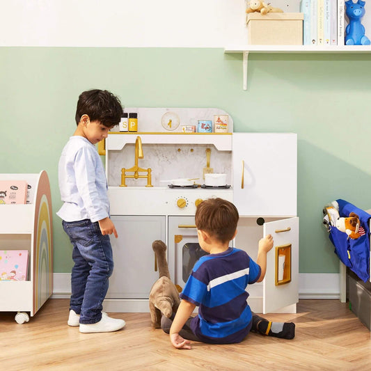 Boys Playing with Teamson Kids Versailles Play Kitchen with Refrigerator White