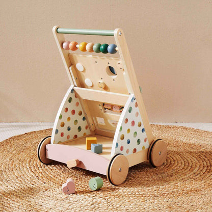 Tiny Land® Versatile Natural Wooden Baby Walker on a beige background