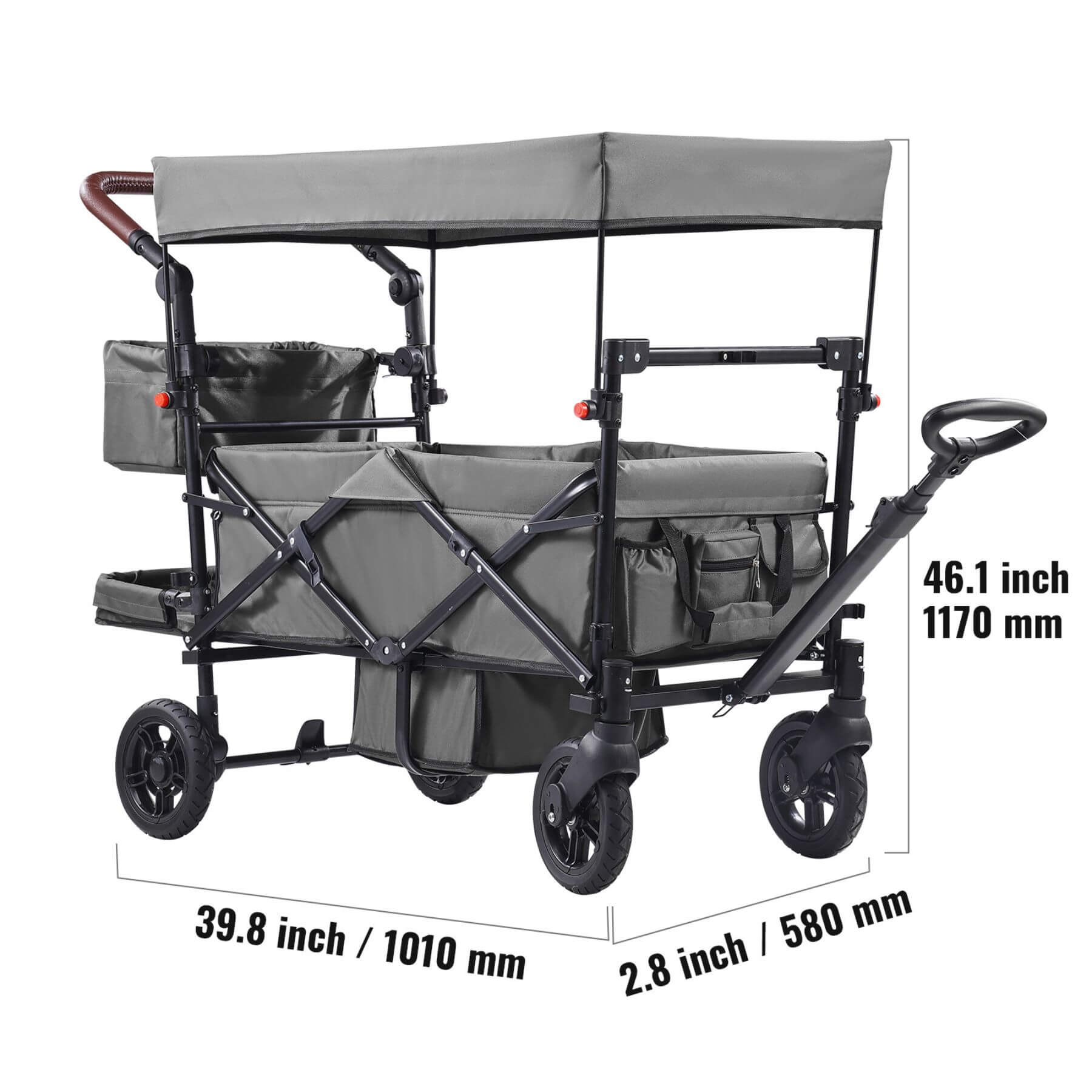 VEVOR Wagon Stroller for 2 Kids - Dark Gray and dimensions displayed
