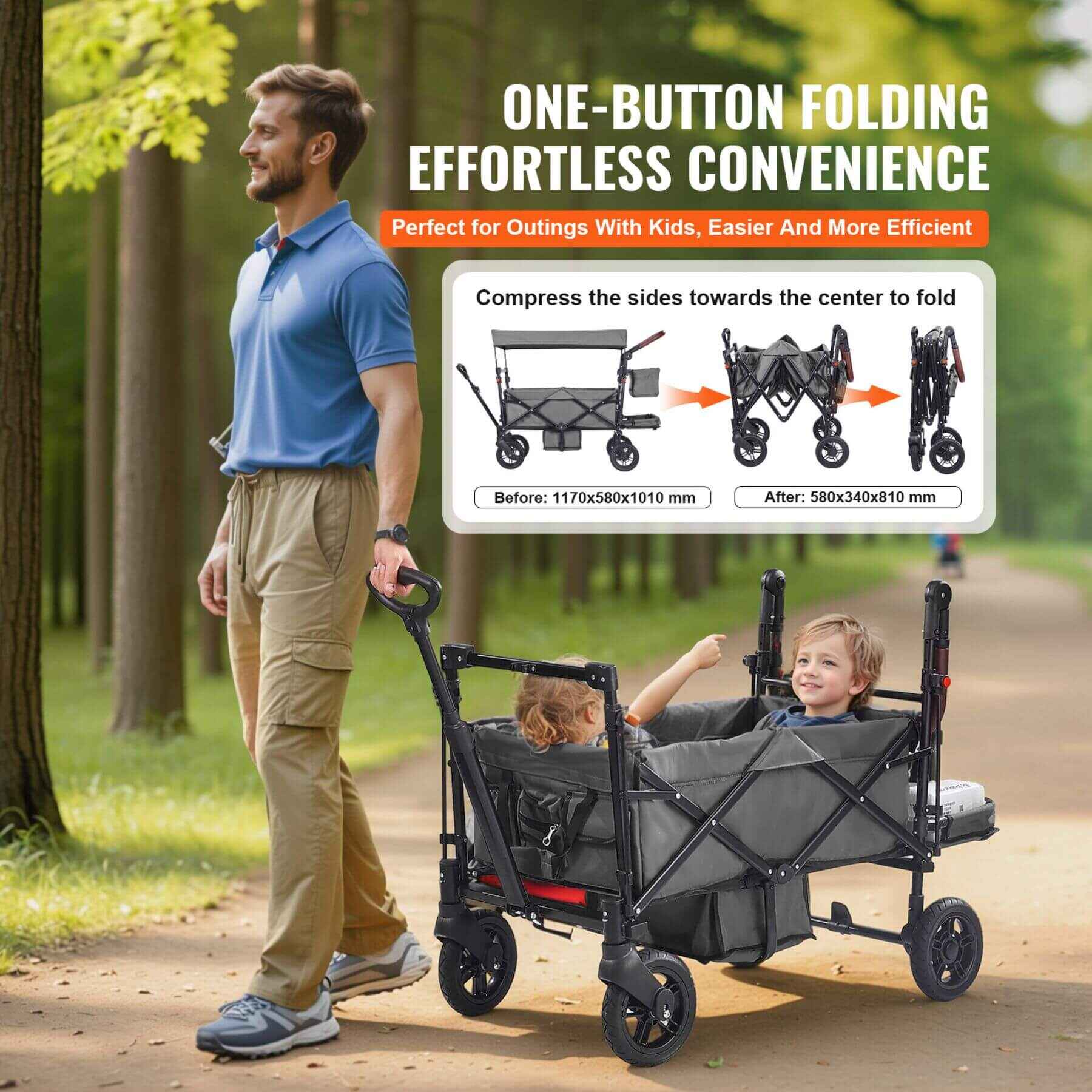 Man pushing a folding wagon with children in a park, highlighting one-button folding feature.