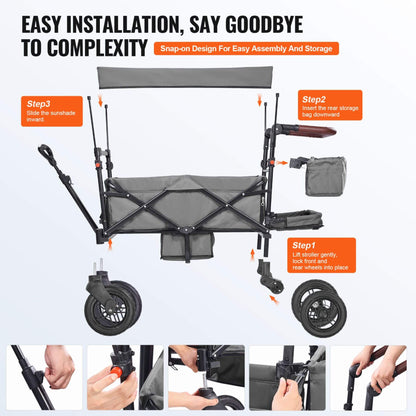 Step-by-step guide on how to assemble a wagon stroller with text highlighting easy installation.