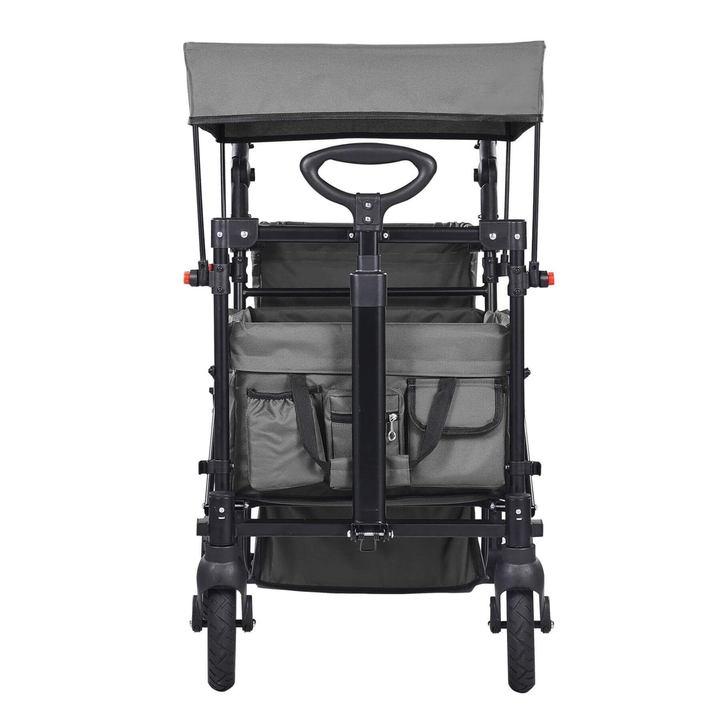 Black and gray stroller with canopy on a white background