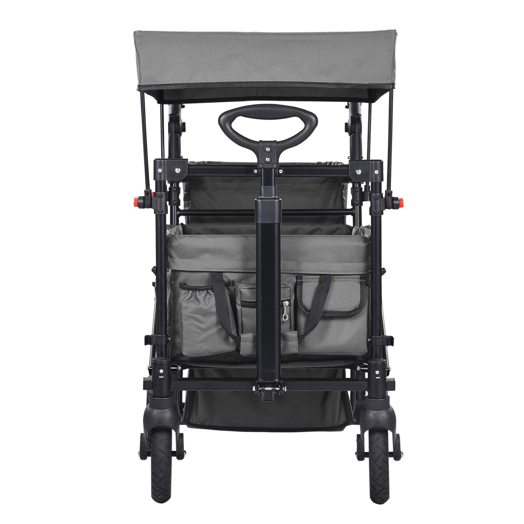 Black and gray stroller with canopy on a white background