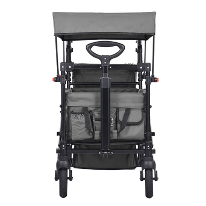 Black and gray stroller with canopy on a white background