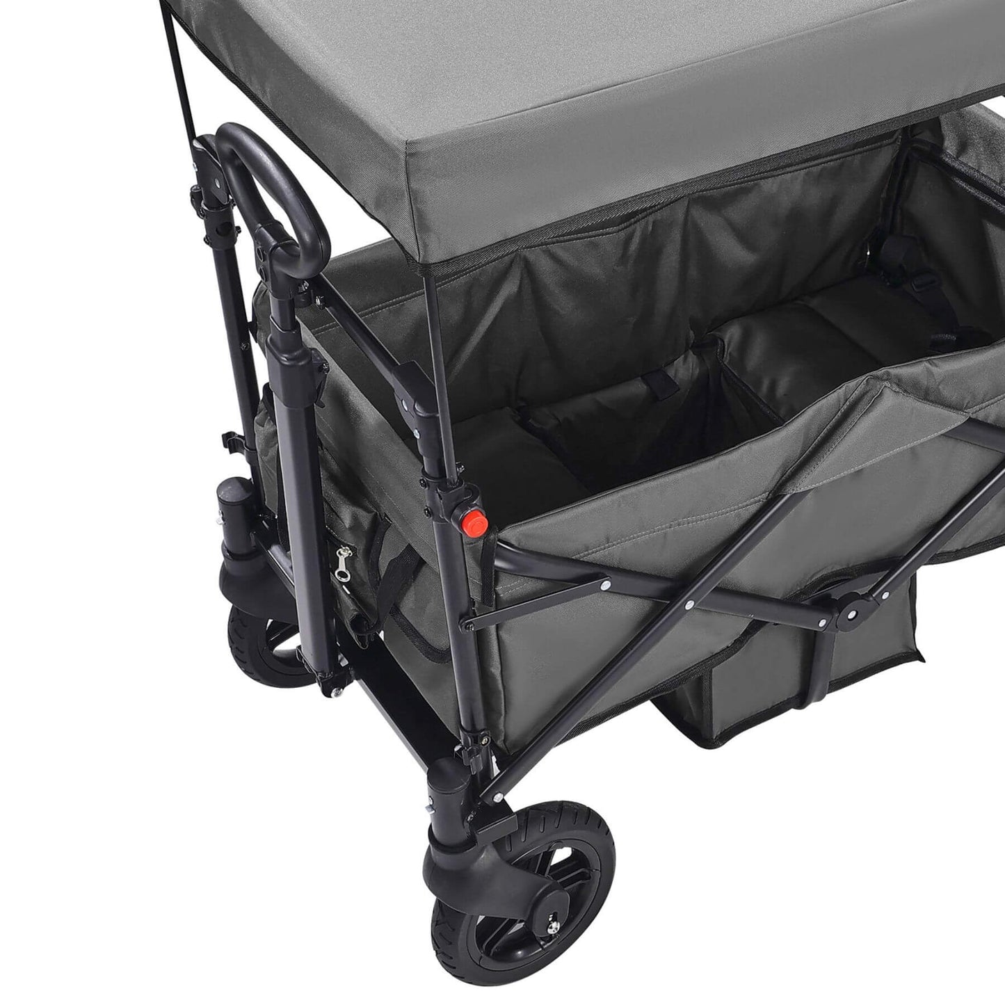 Gray folding wagon with storage compartment on a white background