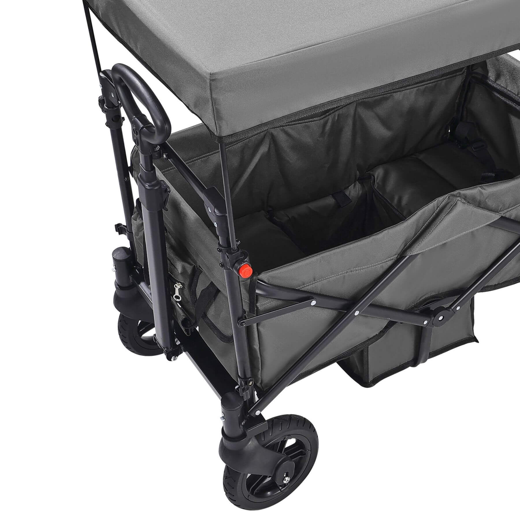 Gray folding wagon with storage compartment on a white background