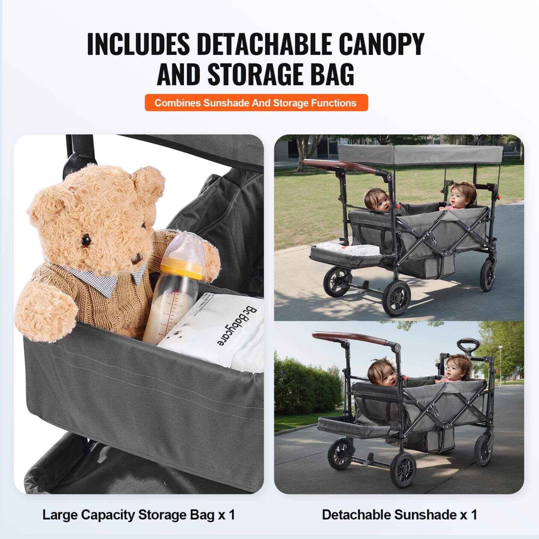 Collapsible stroller with detachable canopy and storage bag, featuring a teddy bear and baby bottle.