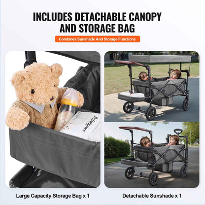 Collapsible stroller with detachable canopy and storage bag, featuring a teddy bear and baby bottle.