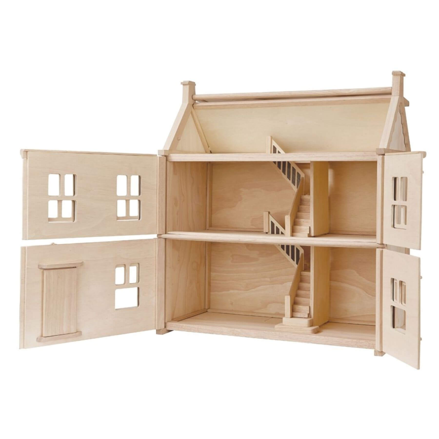 PlanToys Victorian Dollhouse with open front doors on a white background
