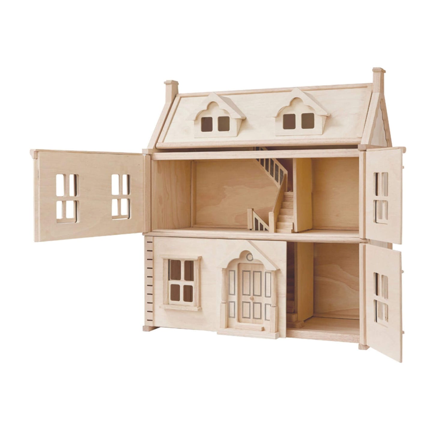 PlanToys Victorian Dollhouse with open doors and windows on a white background
