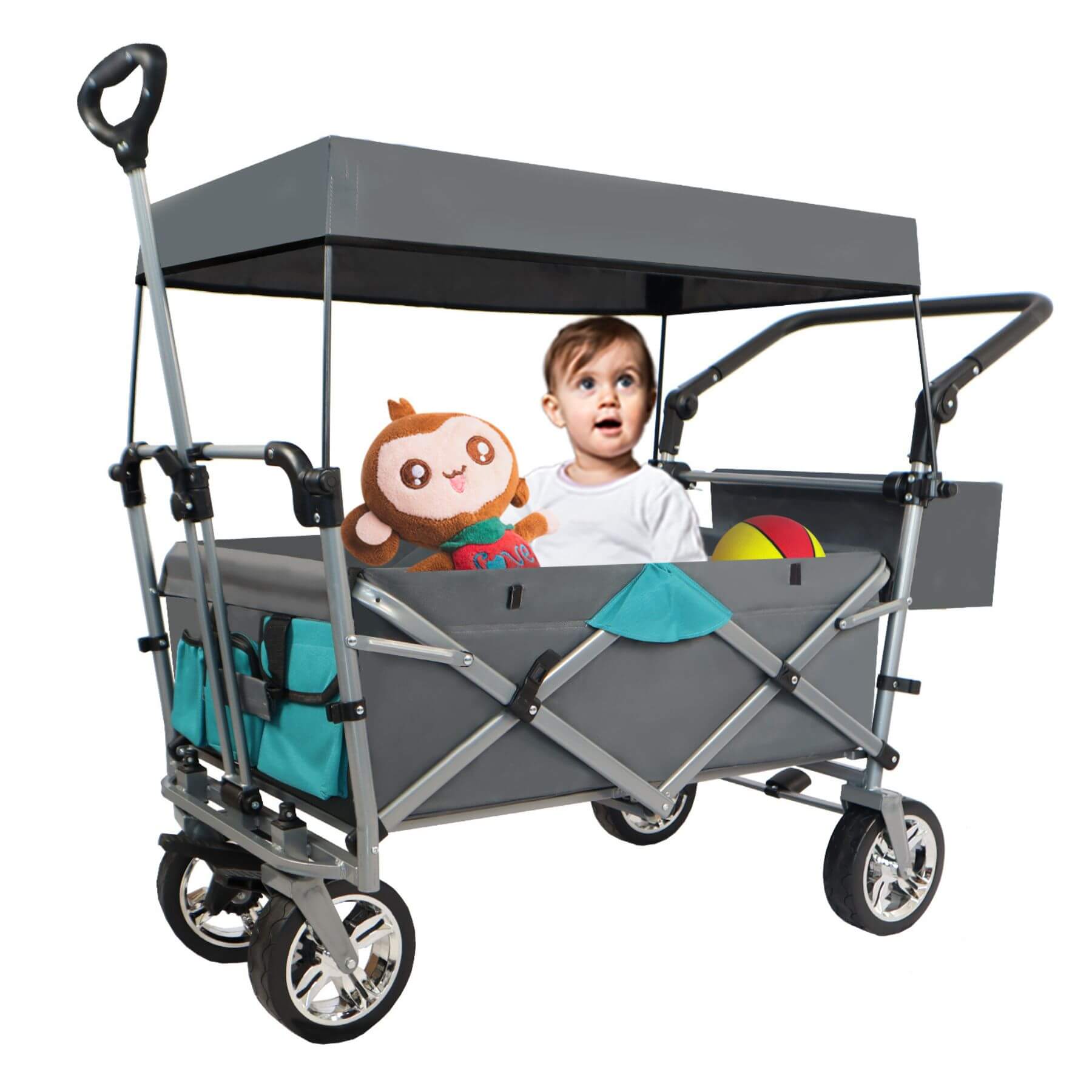 Wagonpro Epert Push & Pull Utility Folding Wagon - Gray Oxford Fabric with a child and monkey plush toy inside on a white background