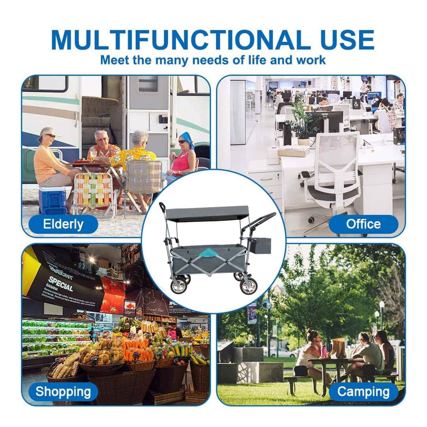 Multifunctional use cart shown in various settings with text indicating its versatility.