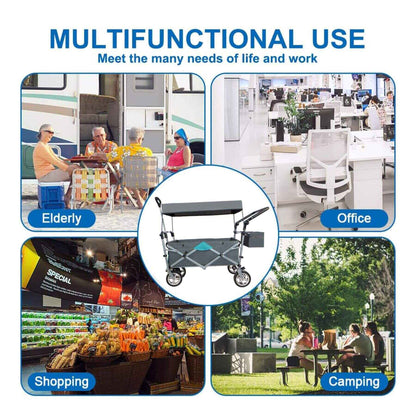 Multifunctional use cart shown in various settings with text indicating its versatility.