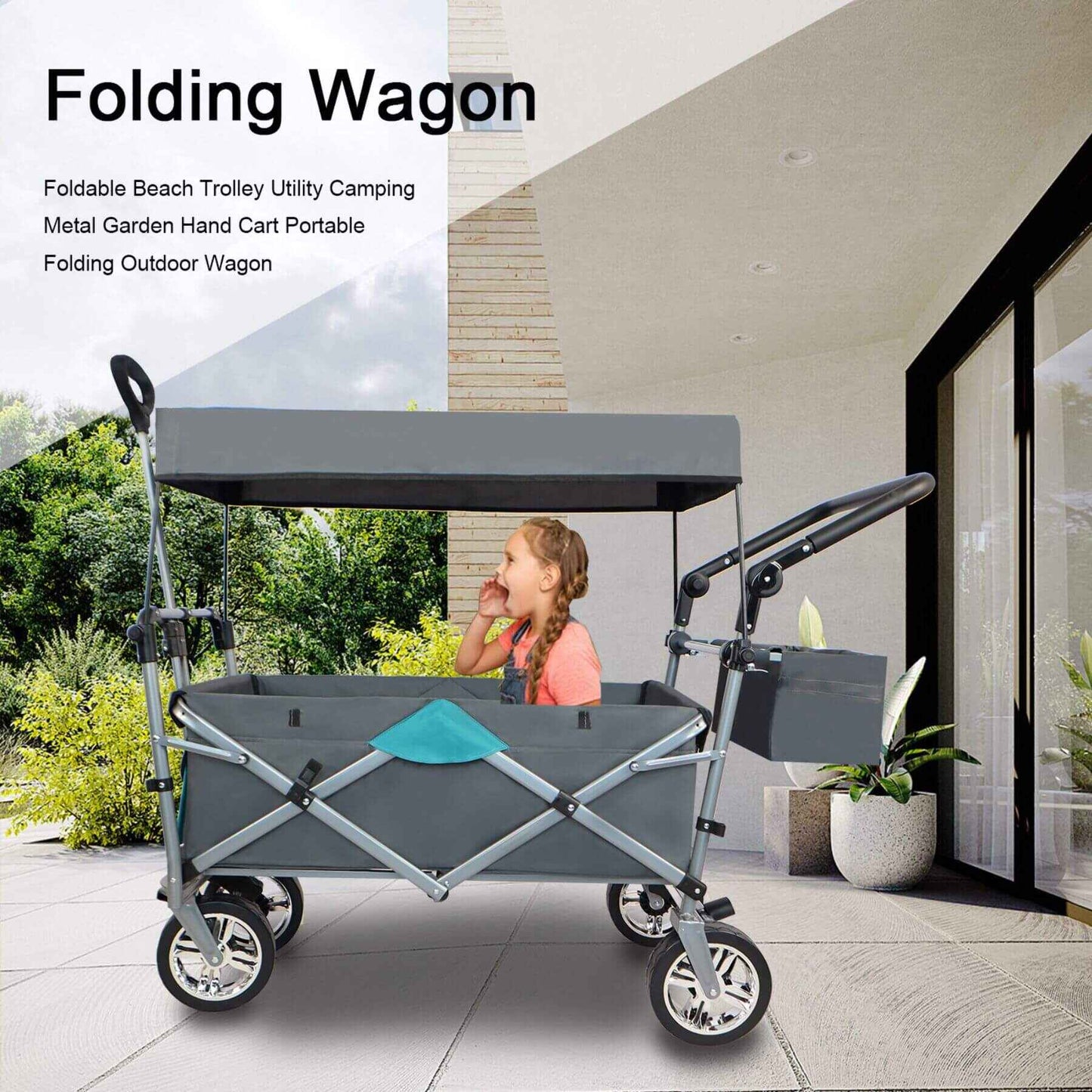 Folding wagon with canopy in front of a modern house