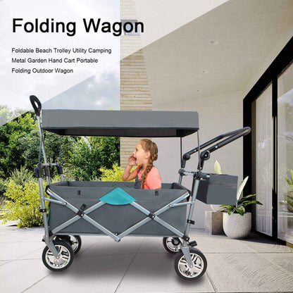 Folding wagon with canopy in front of a modern house